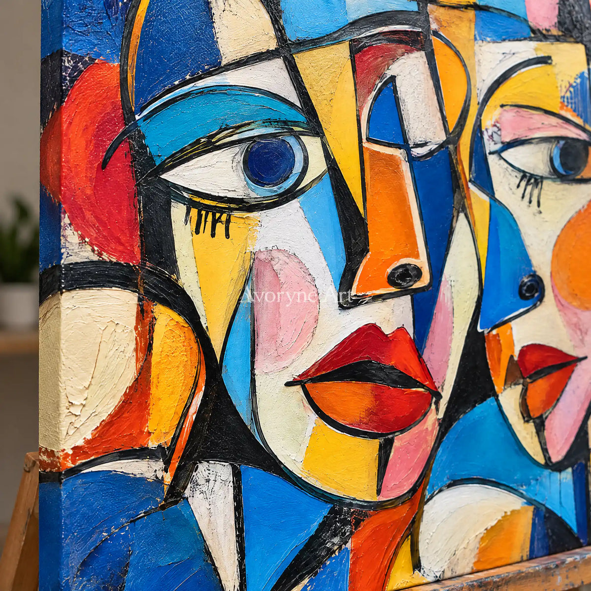Chromatic Chorus: Colorful Cubist Faces Wall Art — detail easel