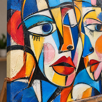 Chromatic Chorus: Colorful Cubist Faces Wall Art — detail easel