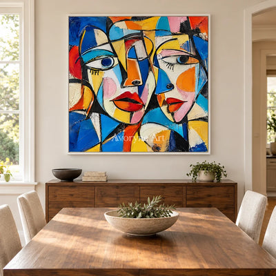 Chromatic Chorus: Colorful Cubist Faces Wall Art — dining white