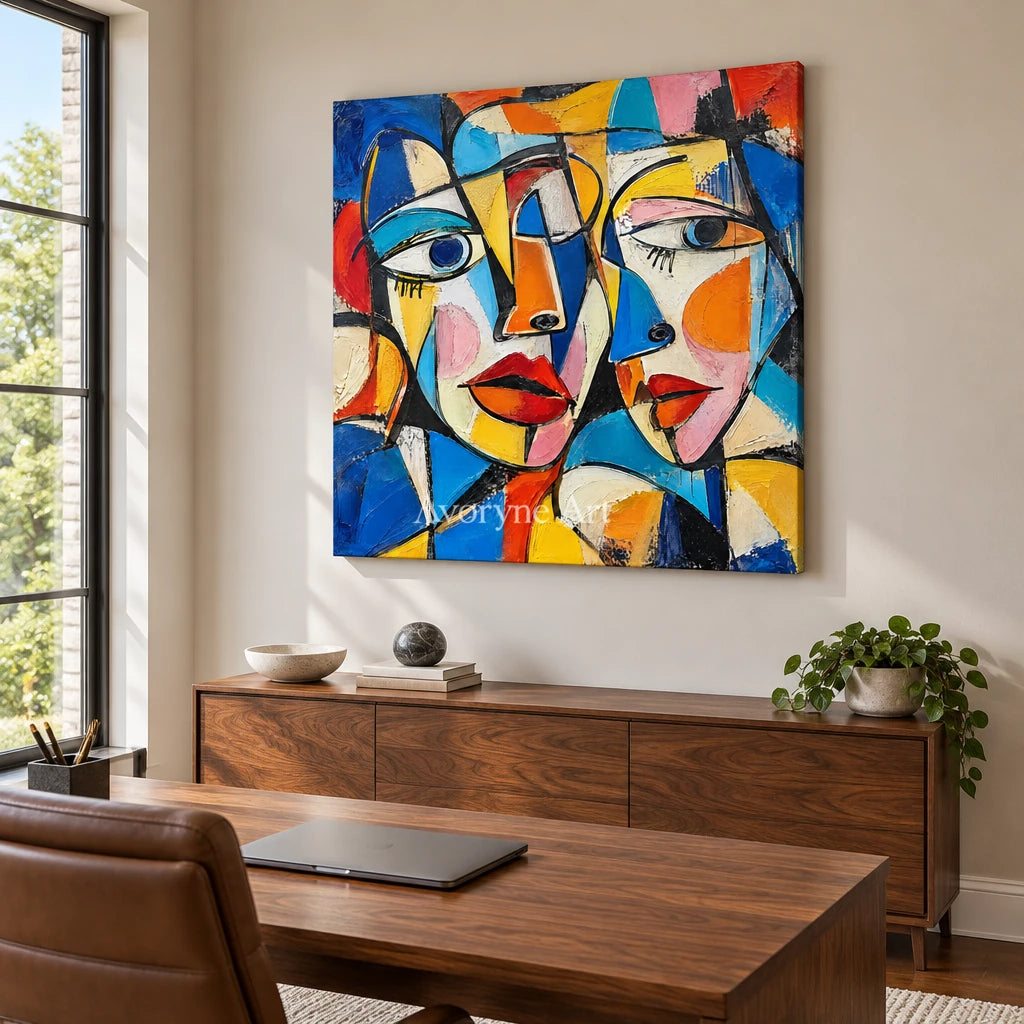 Chromatic Chorus: Colorful Cubist Faces Wall Art — office frameless