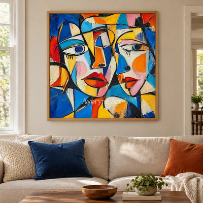 Chromatic Chorus: Colorful Cubist Faces Wall Art — villa wood