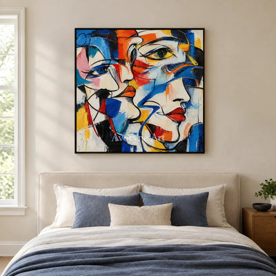 Converging Faces: Colorful Cubist Portrait Wall Art — bedroom black