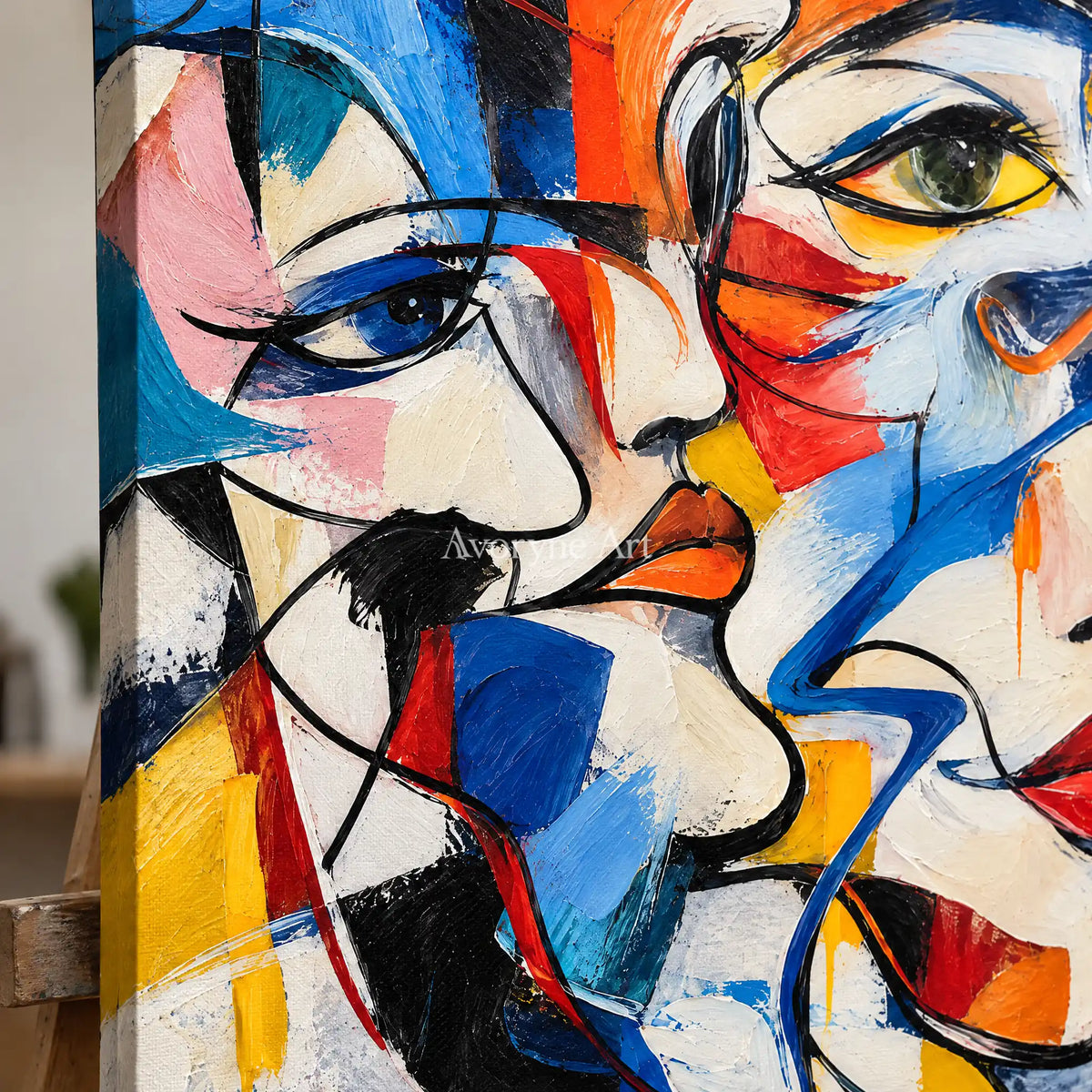 Converging Faces: Colorful Cubist Portrait Wall Art — detail easel