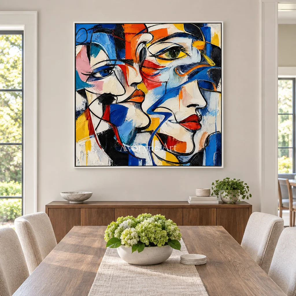 Converging Faces: Colorful Cubist Portrait Wall Art — dining white