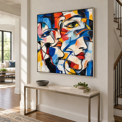Converging Faces: Colorful Cubist Portrait Wall Art — entry silver