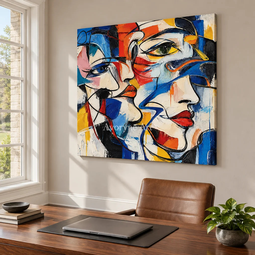 Converging Faces: Colorful Cubist Portrait Wall Art — office frameless