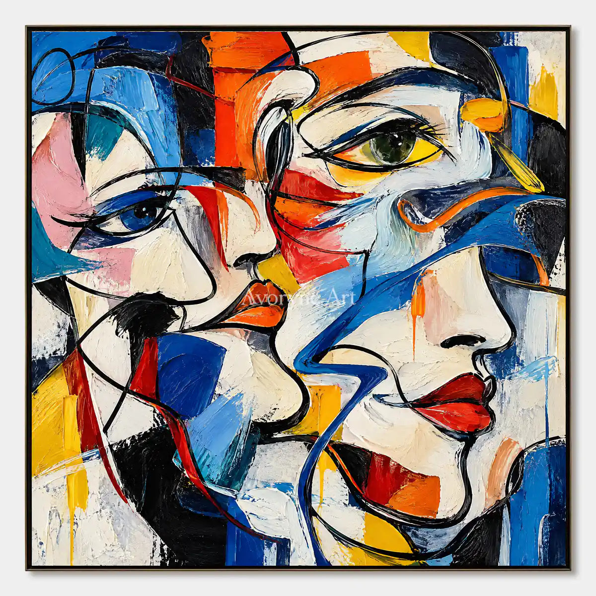 Converging Faces: Colorful Cubist Portrait Wall Art — primary
