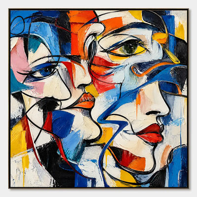 Converging Faces: Colorful Cubist Portrait Wall Art — primary