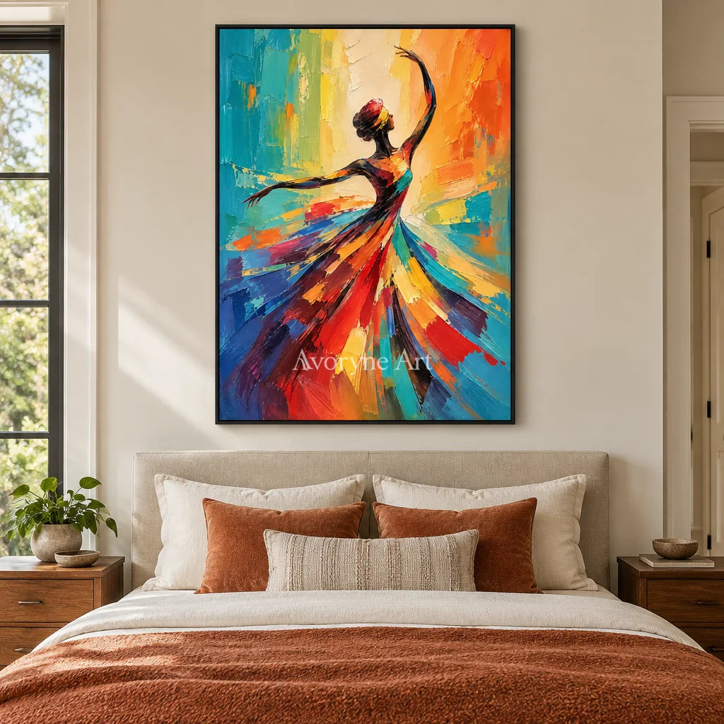 Saffron Twirl: Colorful Dancer Portrait Wall Art — bedroom black