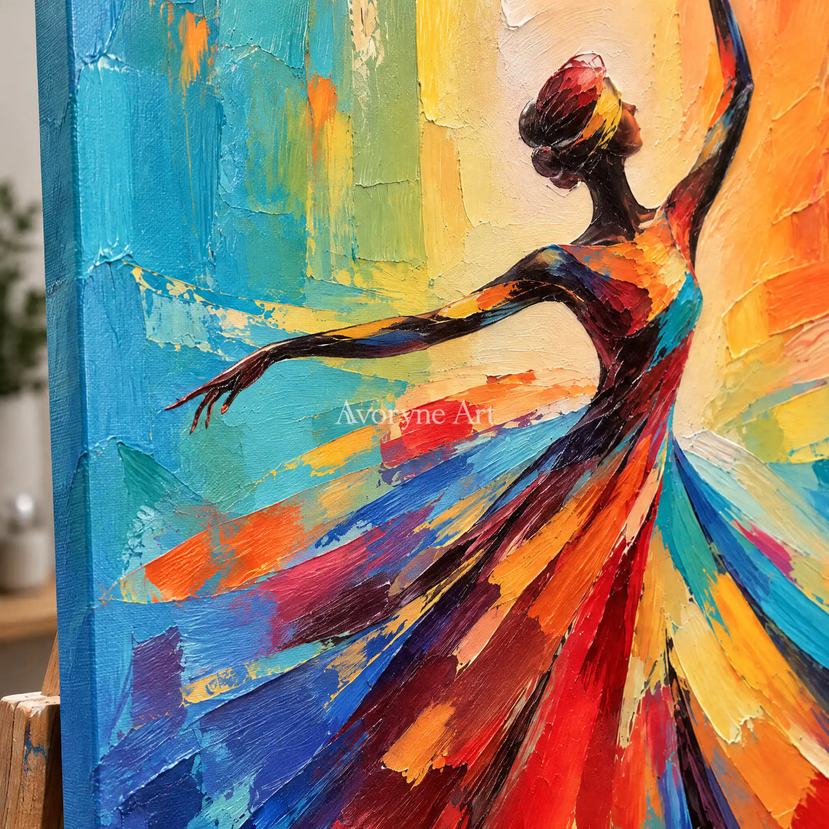 Saffron Twirl: Colorful Dancer Portrait Wall Art — detail easel