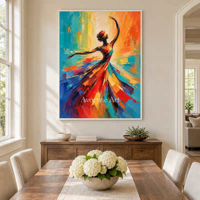 Saffron Twirl: Colorful Dancer Portrait Wall Art — dining white