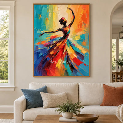 Saffron Twirl: Colorful Dancer Portrait Wall Art — villa wood