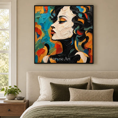 Azure Reverie: Colorful Female Portrait Wall Art — bedroom black