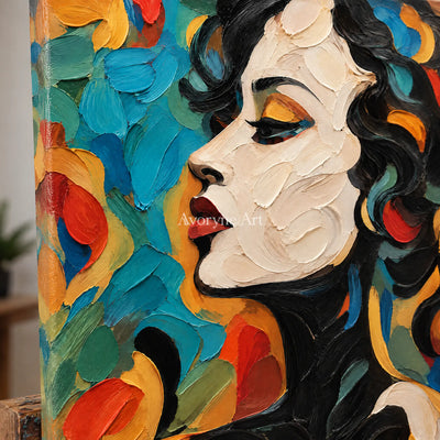 Azure Reverie: Colorful Female Portrait Wall Art — detail easel