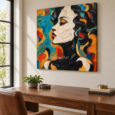 Azure Reverie: Colorful Female Portrait Wall Art — office frameless