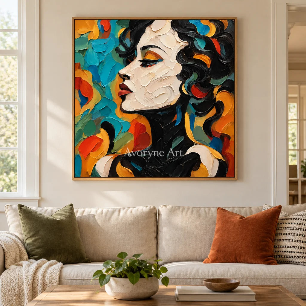 Azure Reverie: Colorful Female Portrait Wall Art — villa wood