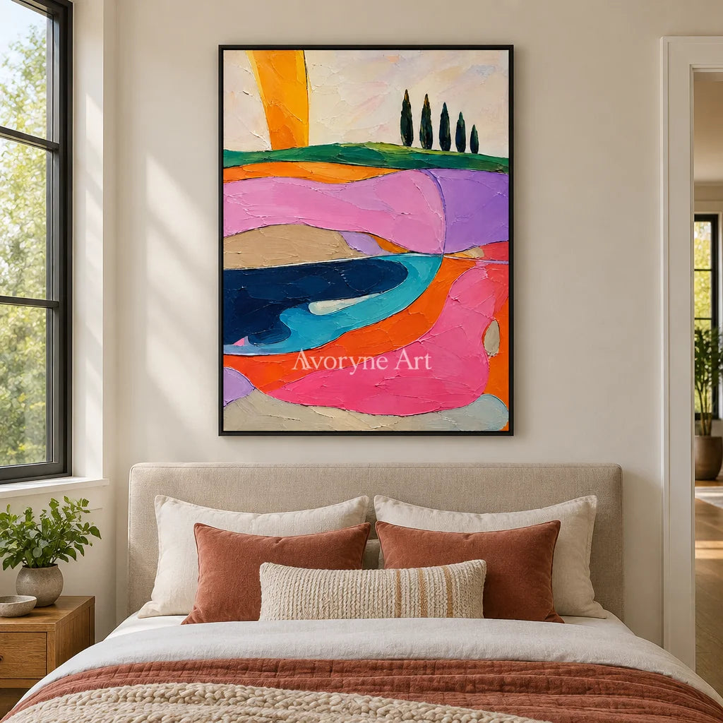Rose Pastures: Colorful Field Landscape Wall Art — bedroom black