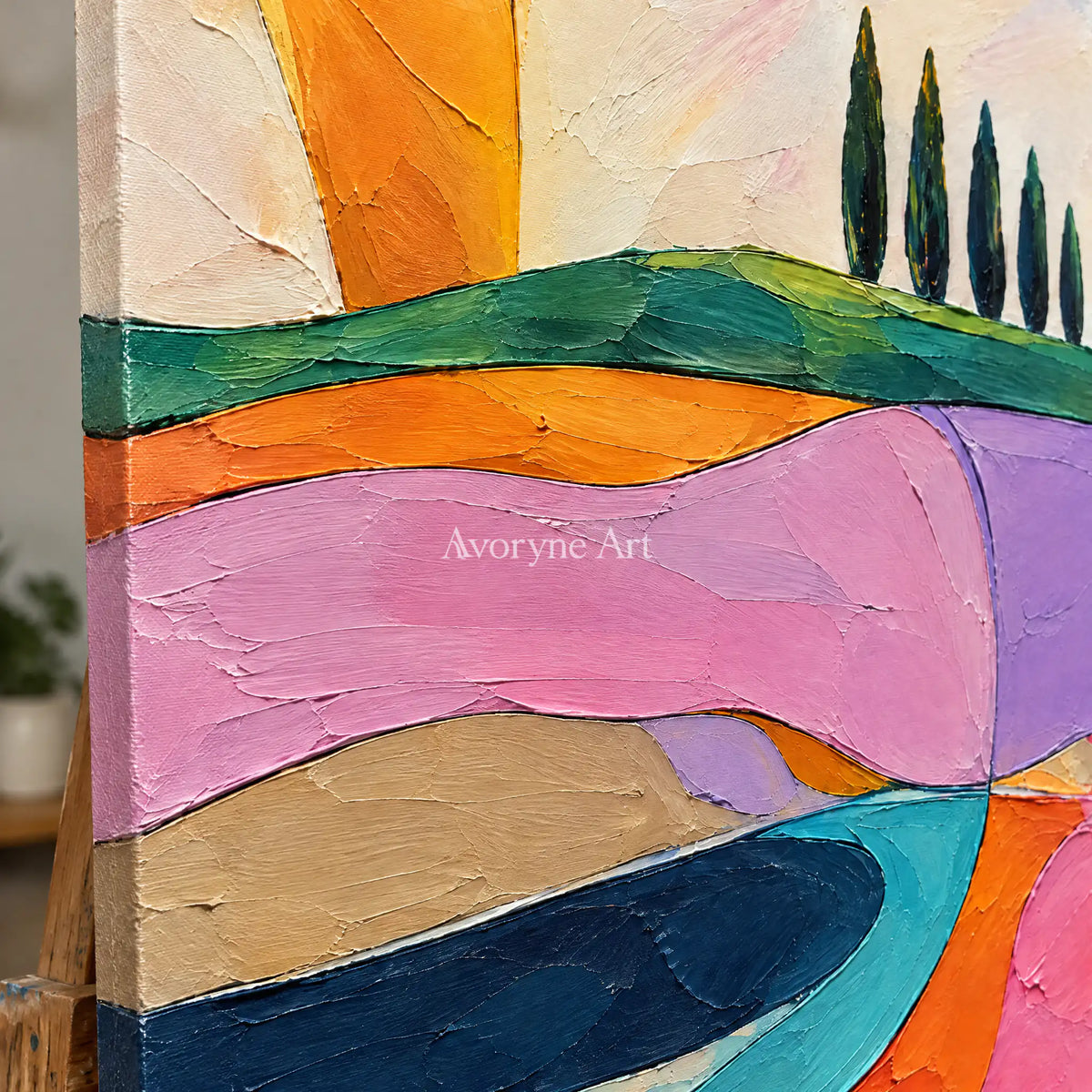 Rose Pastures: Colorful Field Landscape Wall Art — detail easel