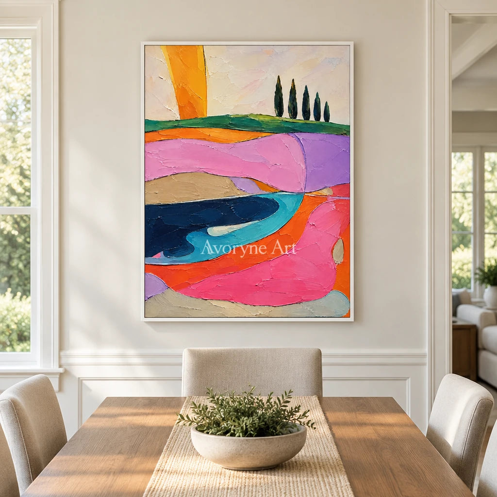 Rose Pastures: Colorful Field Landscape Wall Art — dining white