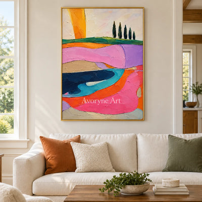Rose Pastures: Colorful Field Landscape Wall Art — living gold