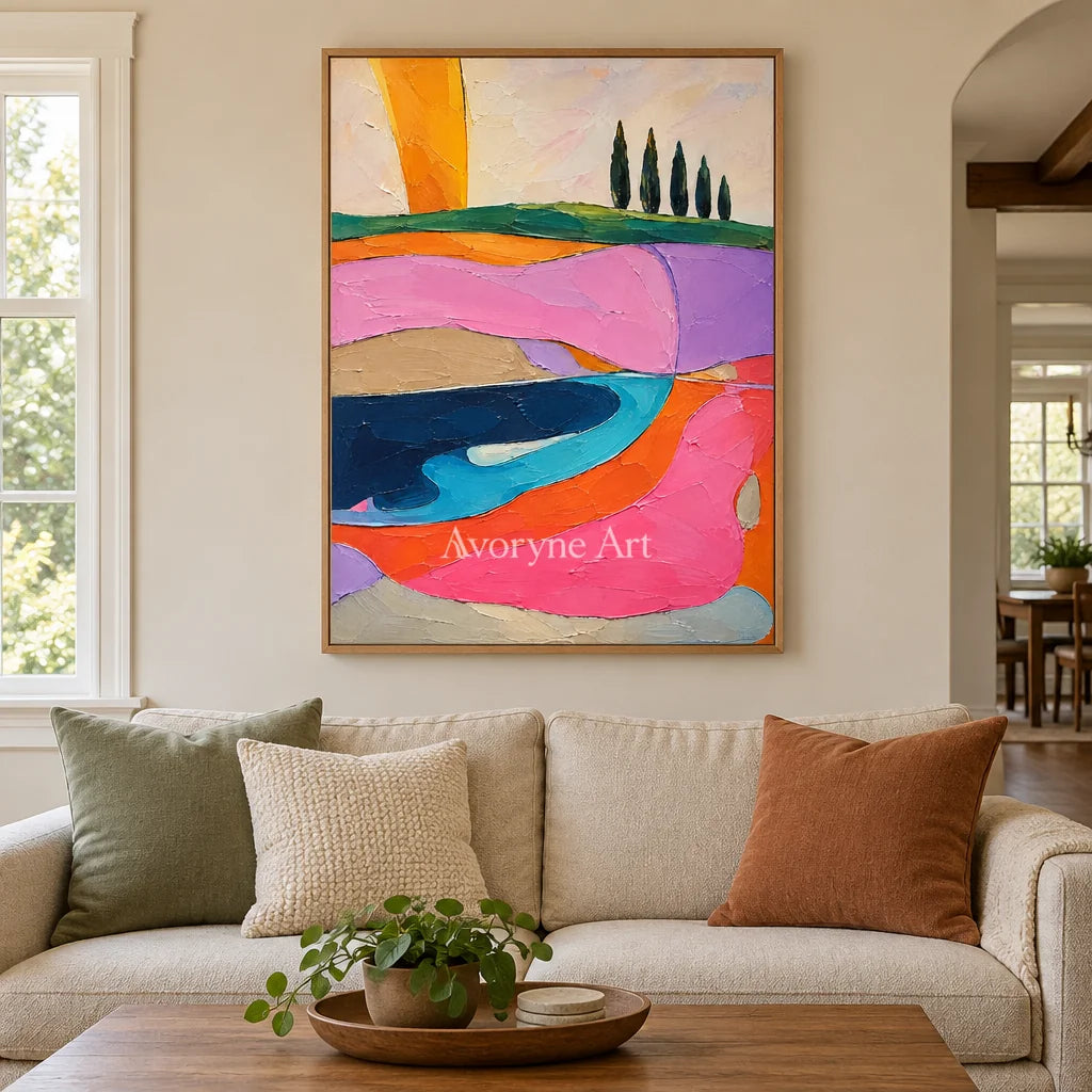 Rose Pastures: Colorful Field Landscape Wall Art — villa wood