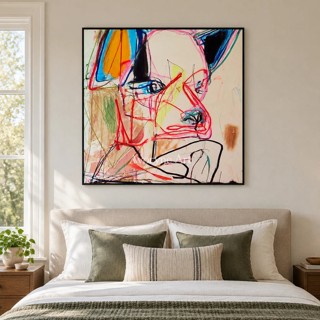 Restful Cadence colorful figure wall art with a black frame above a bed in a bedroom
