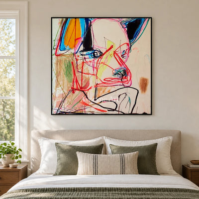 Restful Cadence colorful figure wall art with a black frame above a bed in a bedroom