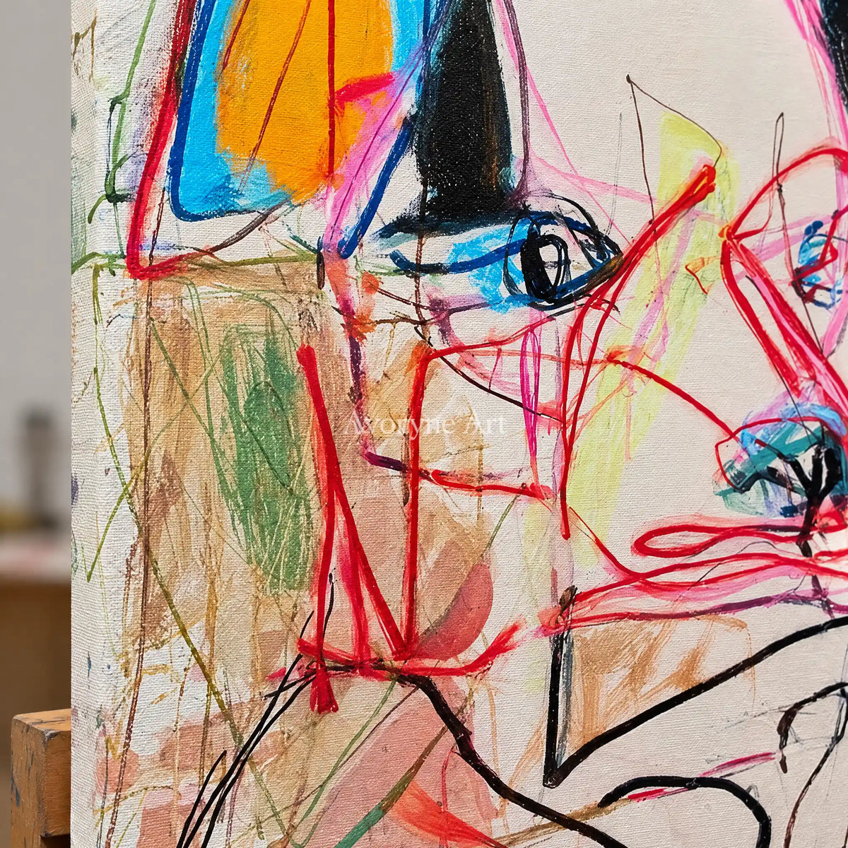 Close-up of the hand-painted texture of Restful Cadence colorful figure wall art on an easel