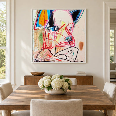 Restful Cadence colorful figure wall art with a white frame in a dining room