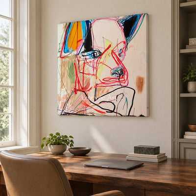 Restful Cadence colorful figure wall art as a frameless stretched canvas in a home office