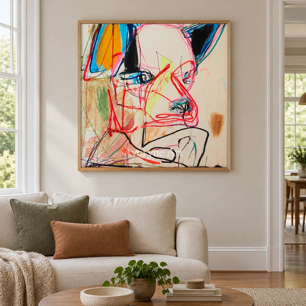 Restful Cadence colorful figure wall art with a wood frame in a villa living space