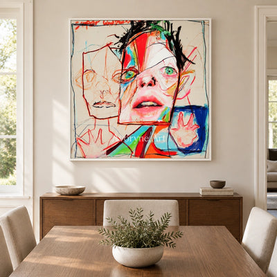 Restful Passage colorful figure wall art with a white frame in a dining room