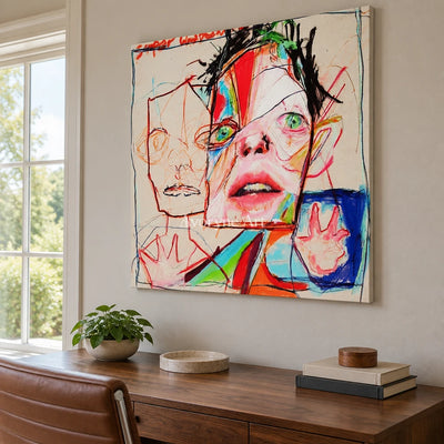 Restful Passage colorful figure wall art as a frameless stretched canvas in a home office