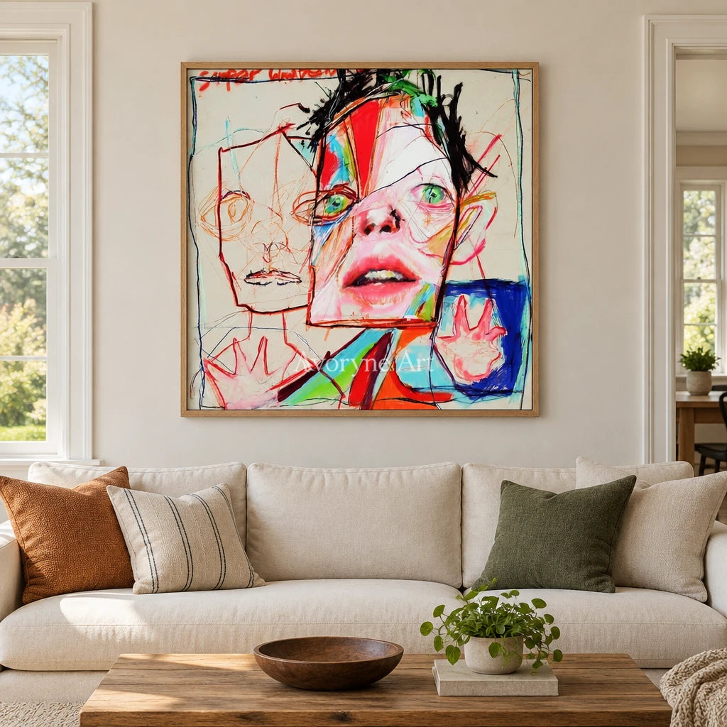 Restful Passage colorful figure wall art with a wood frame in a villa living space