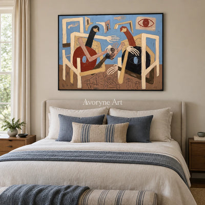 Faint Drift colorful figure wall art with a black frame above a bed in a bedroom