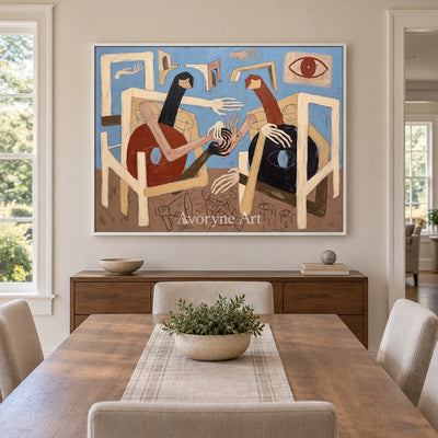 Faint Drift colorful figure wall art with a white frame in a dining room