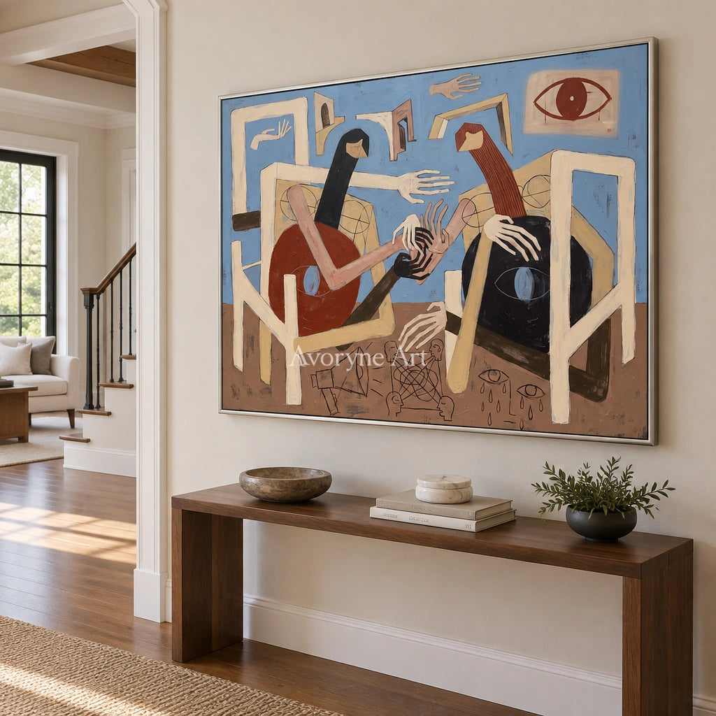 Faint Drift colorful figure wall art with a silver frame in an entryway