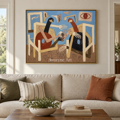 Faint Drift colorful figure wall art with a gold frame hanging in a living room