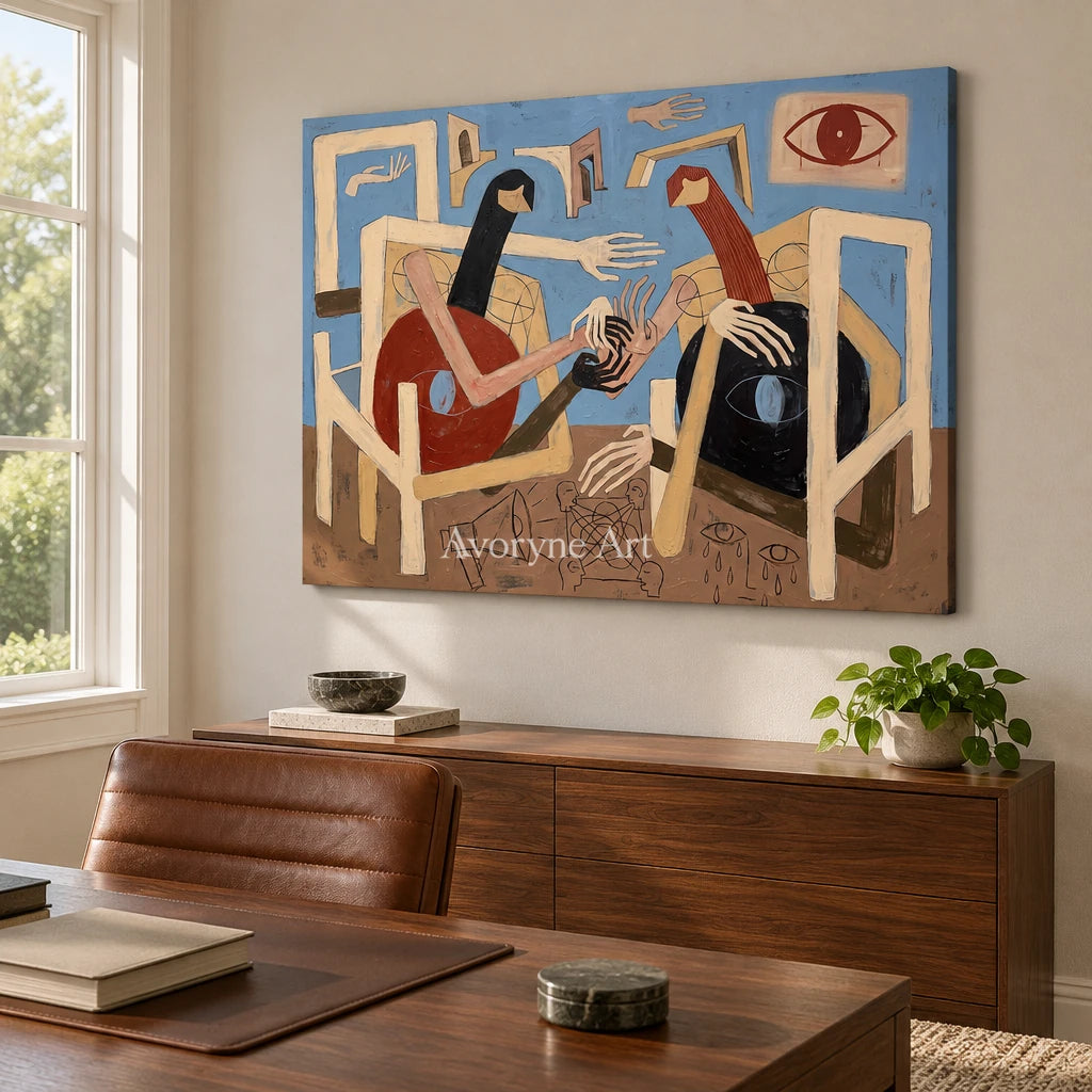 Faint Drift colorful figure wall art as a frameless stretched canvas in a home office