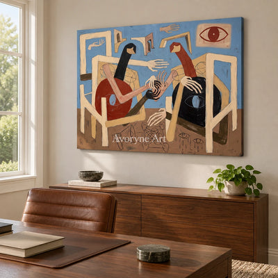 Faint Drift colorful figure wall art as a frameless stretched canvas in a home office