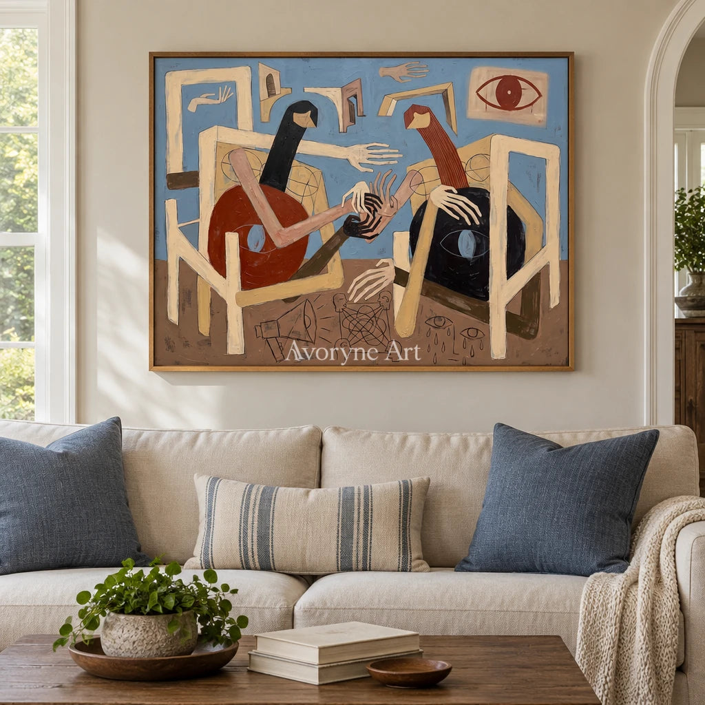 Faint Drift colorful figure wall art with a wood frame in a villa living space