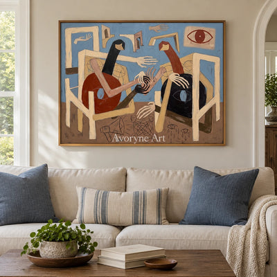 Faint Drift colorful figure wall art with a wood frame in a villa living space
