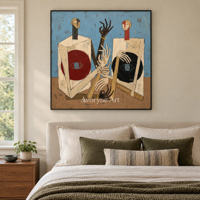 Faint Verse colorful figure wall art with a black frame above a bed in a bedroom