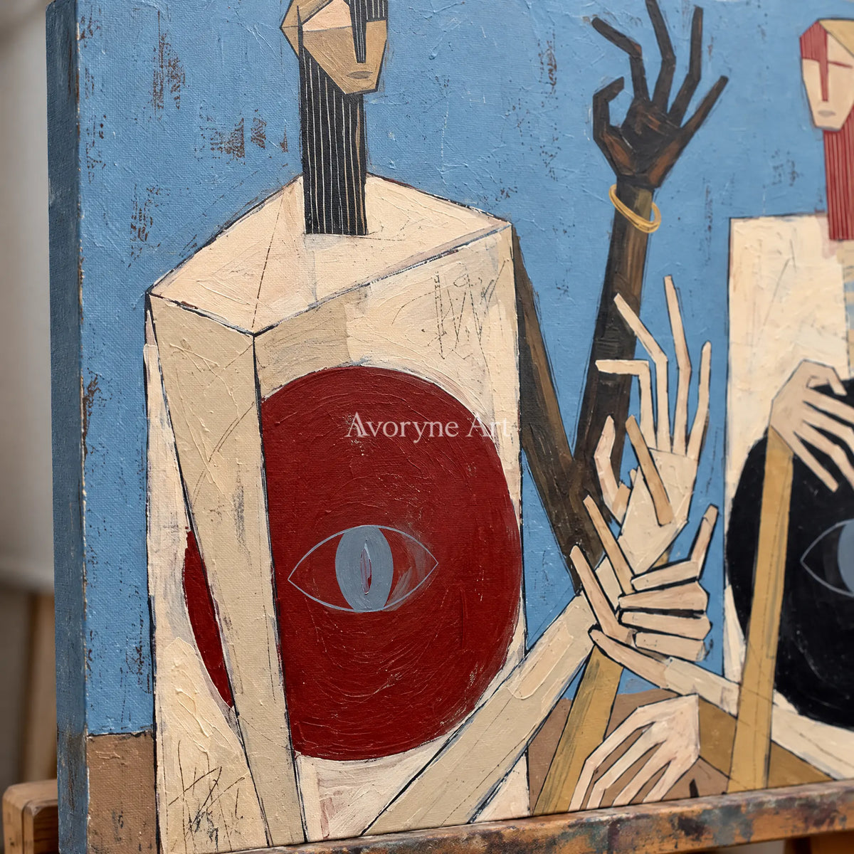 Close-up of the hand-painted texture of Faint Verse colorful figure wall art on an easel