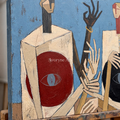 Close-up of the hand-painted texture of Faint Verse colorful figure wall art on an easel