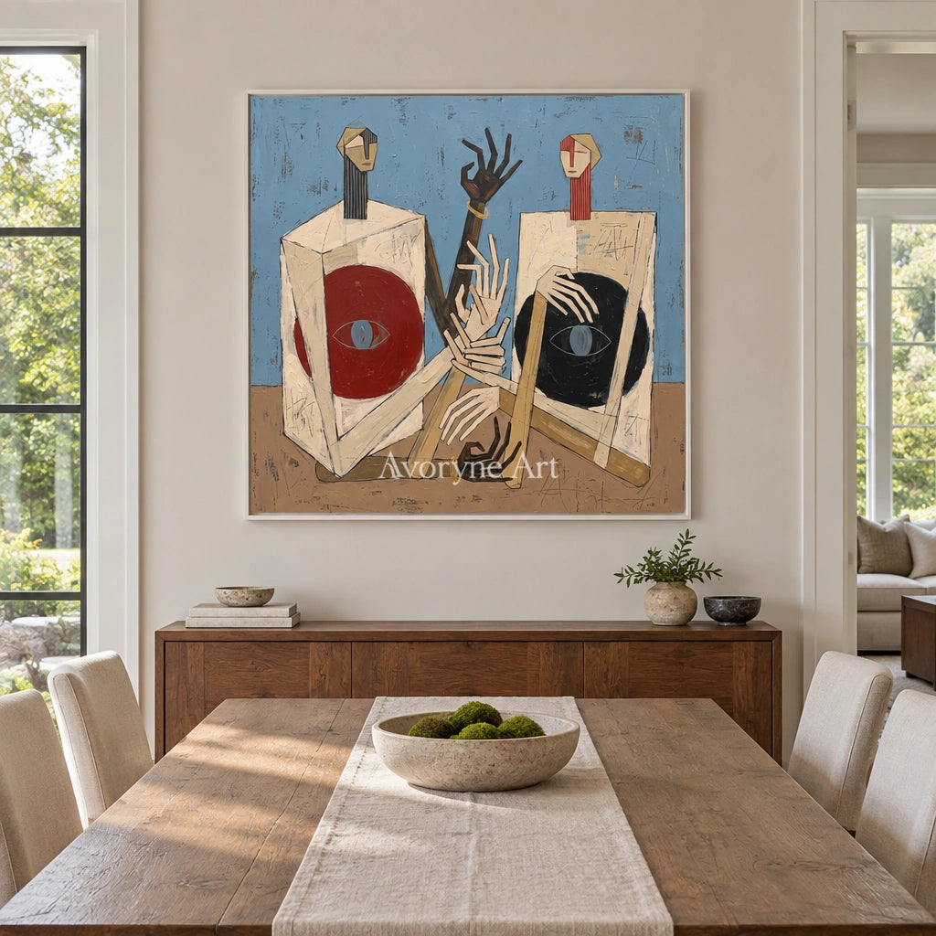 Faint Verse colorful figure wall art with a white frame in a dining room
