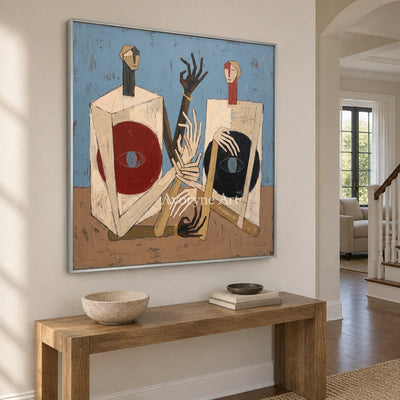 Faint Verse colorful figure wall art with a silver frame in an entryway