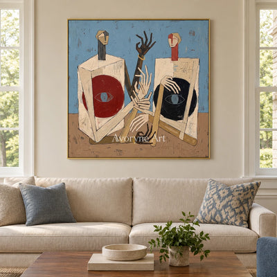 Faint Verse colorful figure wall art with a gold frame hanging in a living room