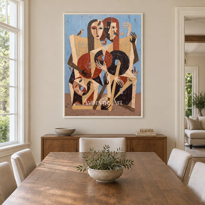 Faint Memory colorful figure wall art with a white frame in a dining room