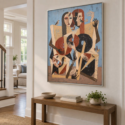 Faint Memory colorful figure wall art with a silver frame in an entryway